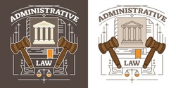 Administrative law vector illustration. Brown and white animated visualization with hammer, courthouse, justice scale and truth book. Authority, control, judgment, crime and government symbol.