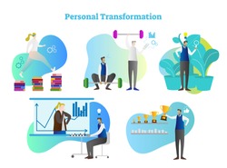 Personal transformation vector illustration collection set. Human growth by reading books and learning, physical development and keep in shape, research and coaching. Success and achievement key.