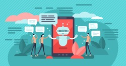 Chatbot vector illustration. Mini persons talk with digital robot concept. Artificial intelligence friendship or bonding with human. Smartphone assistant service. Social live speech substitute with AI
