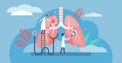 Pulmonology vector illustration. Flat tiny lungs healthcare persons concept. Abstract respiratory system examination and treatment. Internal organ inspection check for illness, disease or problems.