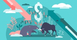 Stock market vector illustration. Financial fight in flat tiny persons concept. Symbolic money wrestling with bull and bear opponents. Equity share trading and exchange business. Global economy scene.