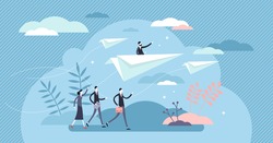 Business direction paper plane concept, flat tiny businessman persons vector illustration. Corporate team vision and leadership by direction setting. Success path navigation and company growth motion.