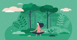 Forest bathing vector illustration. Nature therapy flat tiny persons concept. Recreational ecotherapy process to gain strength, calm, harmony and balance in daily lifestyle. Physical health treatment.