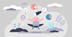 Business guru female with professional schedule management elements tiny persons concept. Woman as company leader and mentor with calm and precise work vector illustration. Abstract modern meditation.