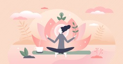 Holistic healing self treatment with peaceful meditation tiny person concept. Spiritual therapy for body and mind with harmony yoga vector illustration. Alternative medicine for wellness and health.