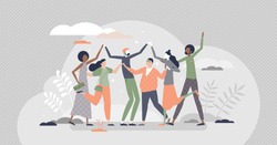 Friends as social community group together despite diversity tiny persons concept. Multiracial and multicultural crowd with close relationship vector illustration. Cheerful group friendship meeting.