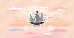 Meditation harmony and balance as floating peace bubble tiny person concept. Abstract scene with female flying above ground from physical relaxation, calmness and mental wellness vector illustration.