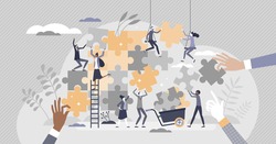 Teamwork puzzle as effective team collaboration process tiny person concept. Active, busy and dynamic assistance help and control scene with group and individual duties and tasks vector illustration.