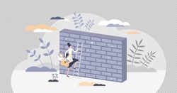Overcoming obstacles or problem with business persistence tiny person concept. Female leader reaching over wall as going forward despite barriers vector illustration. Boundary expansion with hard work