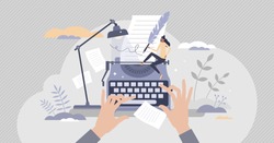 Blog author and creative literature writer and freelancer tiny person concept. Publishing editor and journalist creates post for social media or personal website vector illustration. Press release job