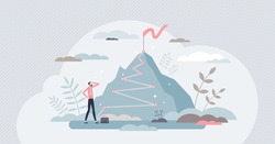 Career success as up direction for work rise achievement tiny person concept. Successful job development and growth direction as mountain climbing metaphor vector illustration. Reach top of plan goal.