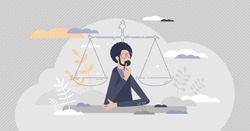 Legal decisions thinking as right law judgment choice tiny person concept. Lawyer strategy confusion and doubt in equal balance situation vector illustration. Justice measurement and analysis symbol.