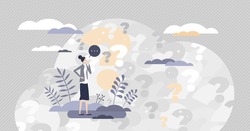 Asking questions with doubt, confusion and unknown information tiny person concept. Female with many question marks symbols in thoughtful posture vector illustration. Search answer to various problems