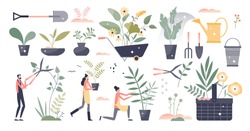 Gardening set as summer botany plant care work elements tiny person concept. Collection with garden tools for watering, pruning and seasonal florist job vector illustration. Pot flower growing objects