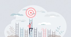Aim to target and climbing stairs to reach business goal tiny persons concept. Ambitions and determination to get best opportunity and achievement vector illustration. Leadership effort and vision.