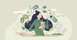 Green smoothie as healthy diet cocktail for slimming tiny person concept. Vegan detox food and drink in glass as organic and vitamin full beverage from straw vector illustration. Raw ingredient blend.