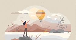 Inspiration or motivation scene with beautiful nature tiny person concept. Future vision with positive and happy attitude or freedom feeling vector illustration. Emotional enjoy and love life attitude