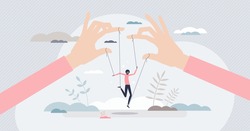 Manipulating people as control action with puppet strings tiny person concept. Employee and worker exploitation from leader or dominant role in relationship vector illustration. Mental weak human doll