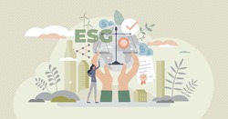 ESG as environmental social governance business model tiny person concept. Sustainable and green company resources usage commitment with responsible attitude to nature and future vector illustration.