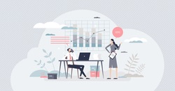 Business administration and company strategy management tiny person concept. Future planning and control expert with professional education in MBA vector illustration. Office scene with job monitoring