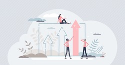 Advantage for business growth and career development tiny person concept. Work performance achievement and level up with competitors with potential realization and ambition power vector illustration.