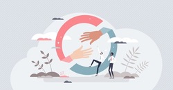 Hands helping or giving support with united collaboration tiny person concept. Reach business partner with strong solidarity and trustworthy vector illustration. Teamwork join and diversity power.