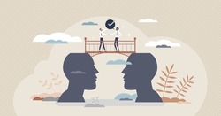 Bridging the gap with successful partner communication tiny person concept. Business merging and development after agreement and deal problem solutions vector illustration. Overcome mental barrier.