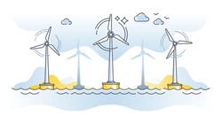 Offshore windmill system outline concept. Electrical energy generator technology for alternative and renewable energy production. Green environmental industry development and world wide strategy.
