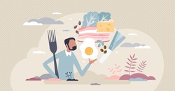Atkins diet as low carbs consumption and keto food eating tiny person concept. Weight loss meals with vegetables and meat as dietary lifestyle for balanced carbohydrate balance vector illustration.