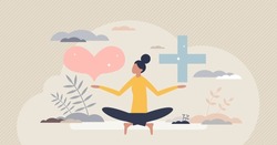 Mental wellbeing with love and health balance for peace tiny person concept. Calm emotions and happiness mindset with value esteem and appreciation vector illustration. Female yoga and meditation pose