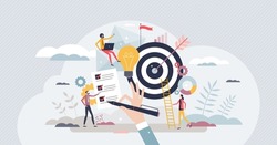 Objective achievement or business goal success management tiny person concept. Aim and focus for work target vector illustration. Efficiency and ambition to accomplish perfect result. Accuracy winner.