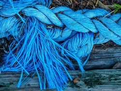 Frayed end of light blue nautical rope repurposed as a minor landscaping element, for motifs of wear and tear