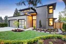 Luxurious new construction home in Bellevue, WA. Modern style home boasts two car garage spaces and well manicured front yard. Northwest, USA