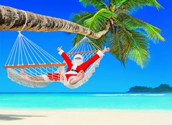 Santa Claus relax at sun in white cozy mesh hammock thumbs up positive gesturing under coconut palm tree shadow at tropical paradise sandy ocean beach - New Year and Christmas travel holidays concept