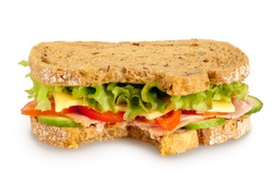 Bitten fresh sandwich (whole grain bread) on white background. Clipping path included