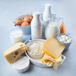 Different types of fresh farm dairy products. Foods rich in Calcium. 