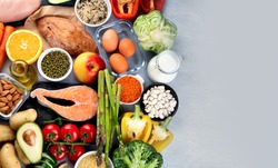 Balanced diet food background.. Nutrition, clean eating food concept. Diet plan with vitamins and minerals