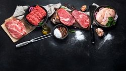 Variety of raw meat  with seasoning  on dark background. Top view with copy space