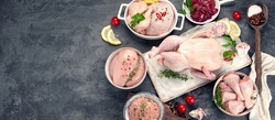 Raw chicken meat parts with spices and herbs for cooking on dark background. Top view, copy space.  Panorama, banner