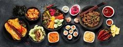 Assortment of Korean traditional dishes. Asian food. Top view, flat lay, panorama