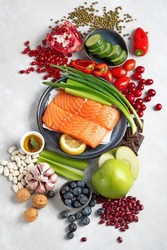 Anti Aging foods on light background. Food for healthy heart, brain and good memory. High in antioxidants, minerals and vitamins. Top view, flat lay, copy space