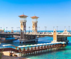 Stanley beach and bridge, popular landmark of Alexandria, Egypt