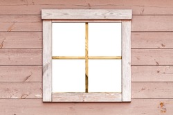 Blank square window in pink wooden wall, background photo texture