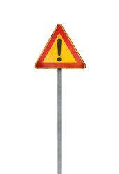 Caution road sign with exclamation mark isolated on white background