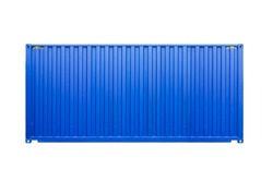 Standard blue cargo container isolated on white background, side view. Modern industrial shipping equipment