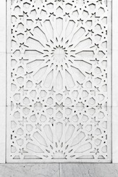 Mosque wall decoration. Abstract white Arabic pattern, vertical background texture