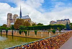 View from Notre Dame de Paris, Seine River and Pont des Arts (Passarelle des Arts) with many locks symbolize love for ever.