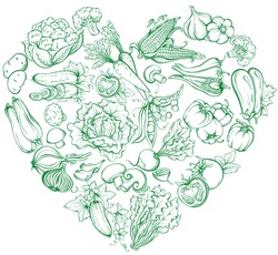 Icons of various vegetables in the form of heart shape.  Vector hand drawn illustration of vegetables in retro style