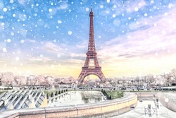 View of the Eiffel Tower in Paris at Christmas time, France. Romantic travel background
