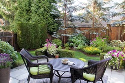 Beautifully landscaped small Canadian garden in summer. Blue spruces, hosta, astilbes and azaleas are just some of the many plants in this cozy little backyard. 